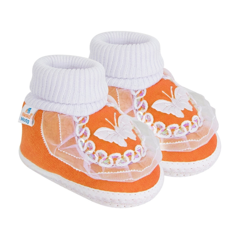 6 To 12 Months Baby Girls & Baby Boys Soft Cotton Butterfly Booties (White, Orange)-SK140