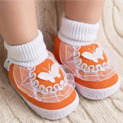 6 To 12 Months Baby Girls & Baby Boys Soft Cotton Butterfly Booties (White, Orange)-SK140