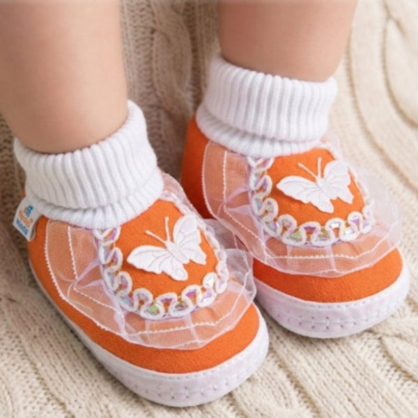 6 To 12 Months Baby Girls & Baby Boys Soft Cotton Butterfly Booties (White, Orange)-SK140