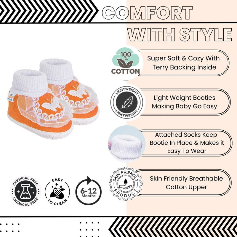 6 To 12 Months Baby Girls & Baby Boys Soft Cotton Butterfly Booties (White, Orange)-SK140