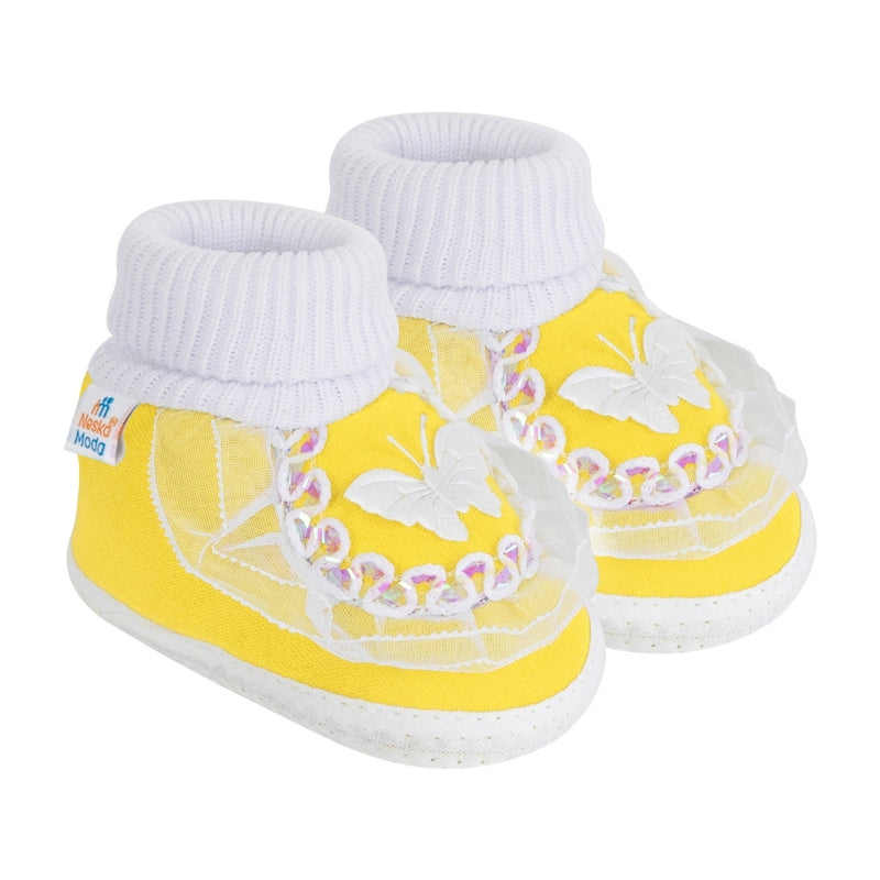 6 To 12 Months Baby Girls & Baby Boys Soft Cotton Butterfly Booties (White, Yellow)-SK141