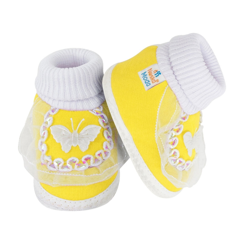6 To 12 Months Baby Girls & Baby Boys Soft Cotton Butterfly Booties (White, Yellow)-SK141
