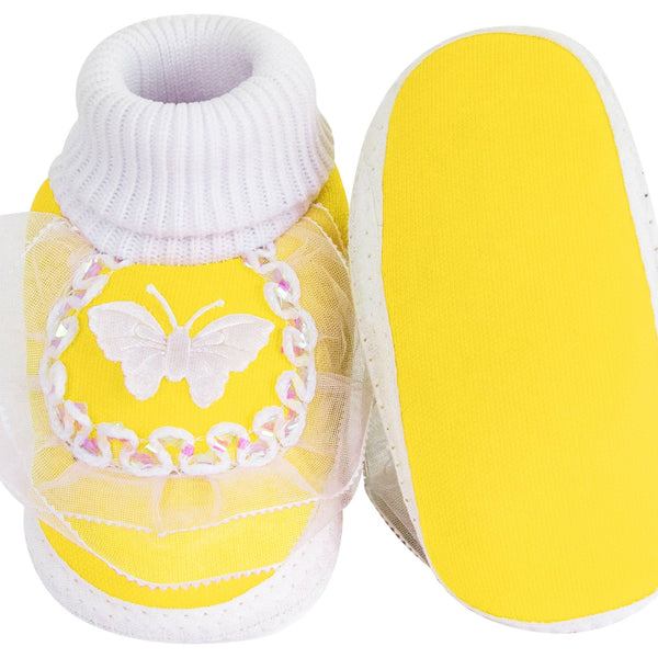 6 To 12 Months Baby Girls & Baby Boys Soft Cotton Butterfly Booties (White, Yellow)-SK141