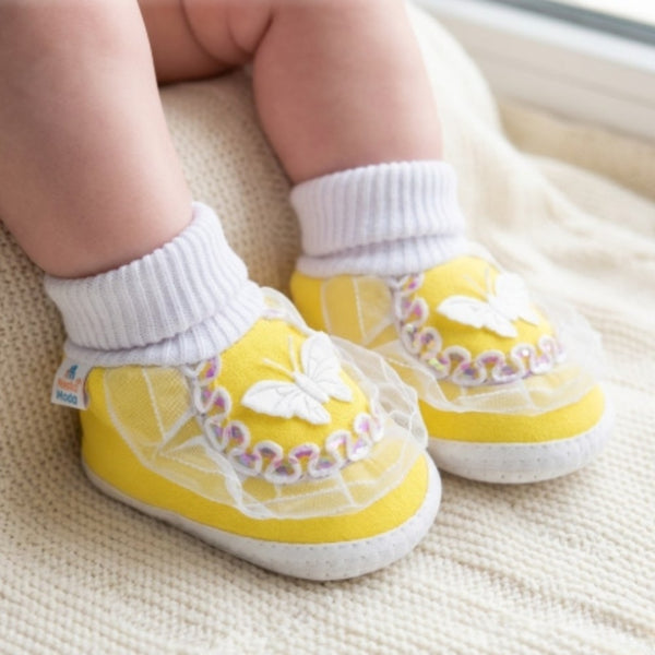6 To 12 Months Baby Girls & Baby Boys Soft Cotton Butterfly Booties (White, Yellow)-SK141