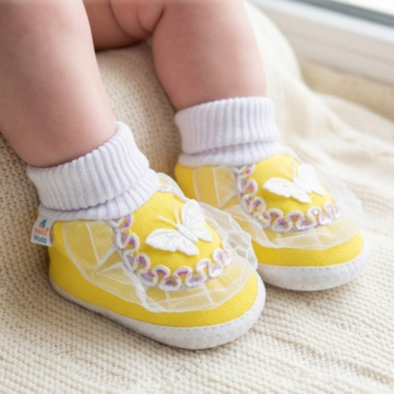 6 To 12 Months Baby Girls & Baby Boys Soft Cotton Butterfly Booties (White, Yellow)-SK141