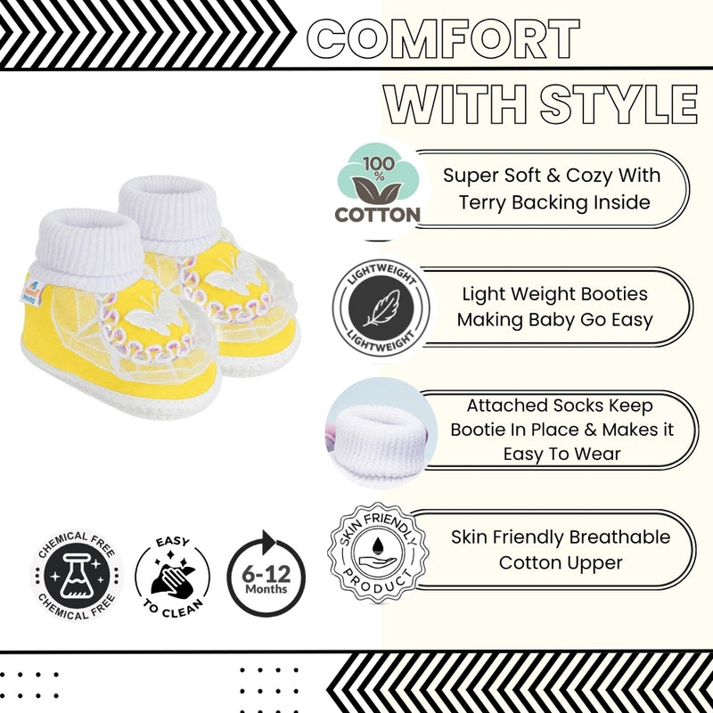 6 To 12 Months Baby Girls & Baby Boys Soft Cotton Butterfly Booties (White, Yellow)-SK141