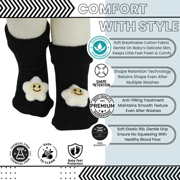 Baby Unisex Cotton Ankle Length Black Kids Smiley Star Face Socks-SK1482