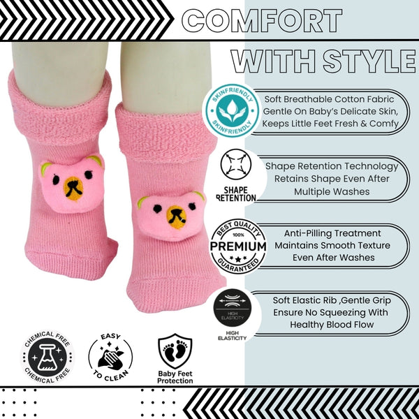 Baby Unisex Cotton Ankle Length Pink Kids Bear Face Socks-SK1485