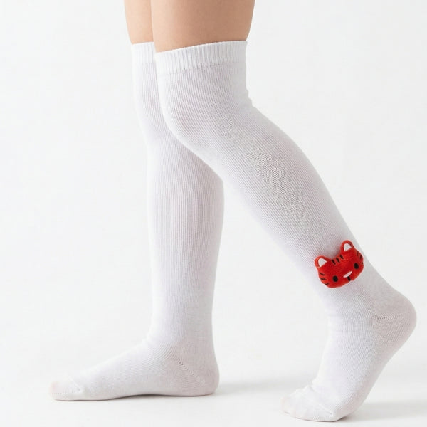 Unisex Cotton White Calf Length Kids Long Tiger Face Socks-SK1486andF04