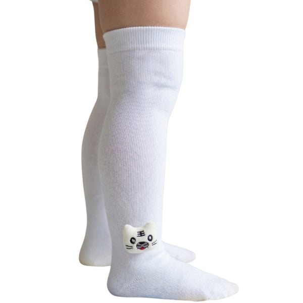 Unisex Cotton White Calf Length Kids Long Cat Face Socks-SK1487andF05
