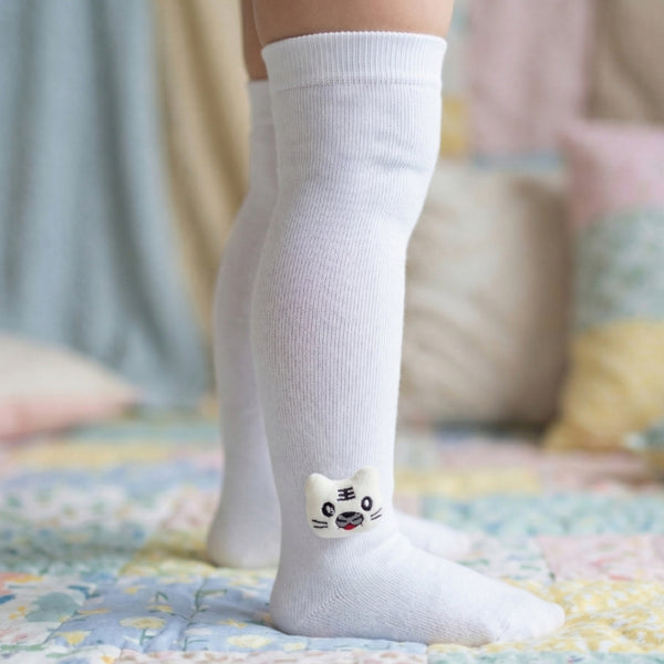 Unisex Cotton White Calf Length Kids Long Cat Face Socks-SK1487andF05