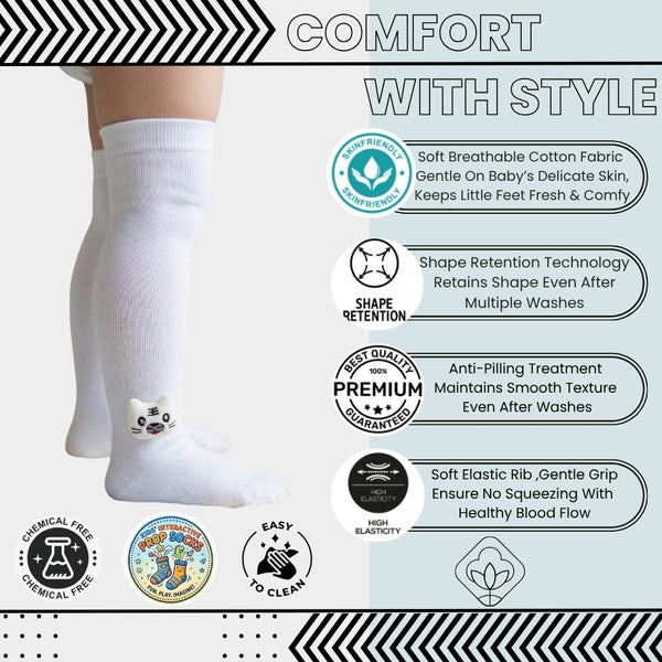 Unisex Cotton White Calf Length Kids Long Cat Face Socks-SK1487andF05