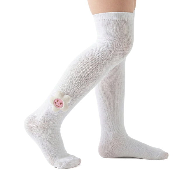Unisex Cotton White Calf Length Kids Long Smiley Star Face Socks-SK1488andF07