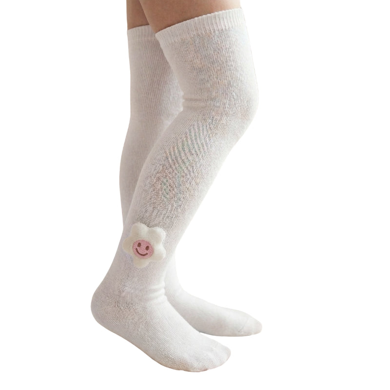 Unisex Cotton White Calf Length Kids Long Smiley Star Face Socks-SK1488andF07