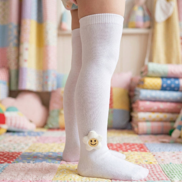 Unisex Cotton White Calf Length Kids Long Smiley Star Face Socks-SK1488andF08