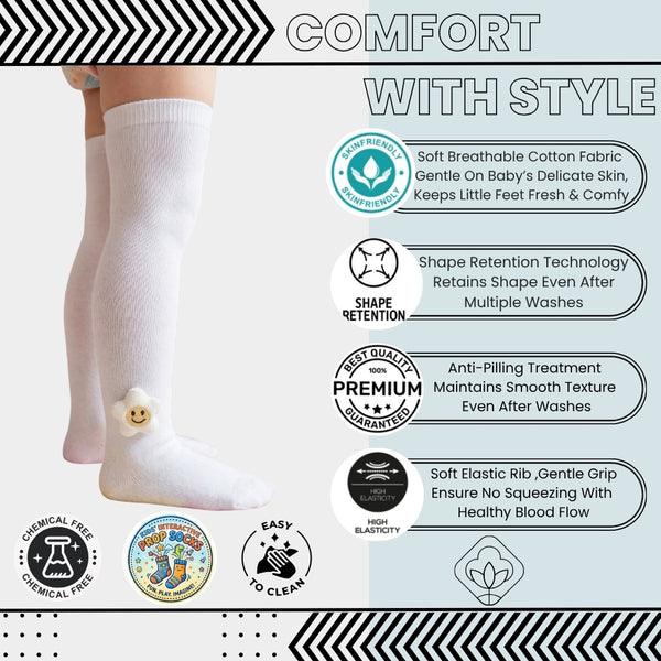 Unisex Cotton White Calf Length Kids Long Smiley Star Face Socks-SK1488andF08