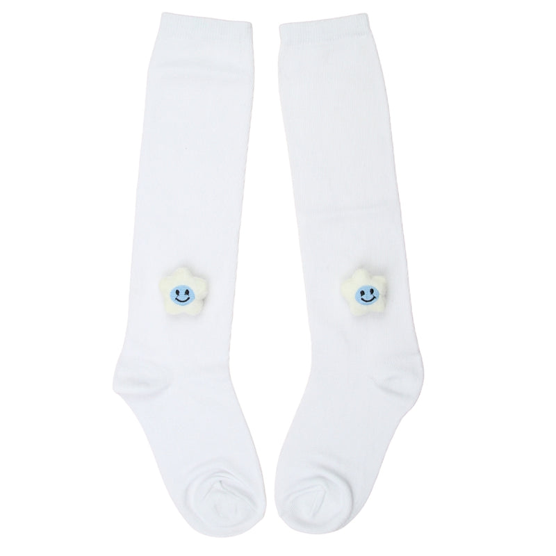 Unisex Cotton White Calf Length Kids Long Smiley Star Face Socks-SK1487andF09