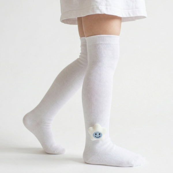 Unisex Cotton White Calf Length Kids Long Smiley Star Face Socks-SK1488andF09