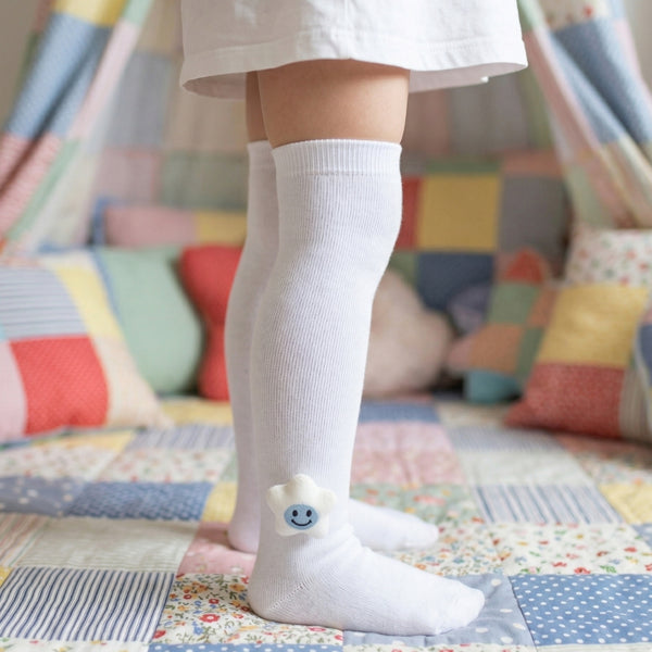 Unisex Cotton White Calf Length Kids Long Smiley Star Face Socks-SK1486andF09