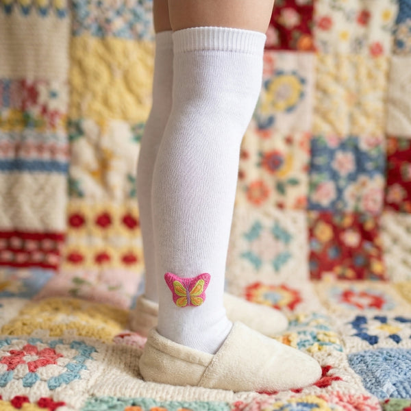Unisex Cotton White Calf Length Kids Long Butterfly Face Socks-SK1486andF10