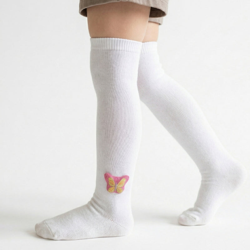 Unisex Cotton White Calf Length Kids Long Butterfly Face Socks-SK1488andF10