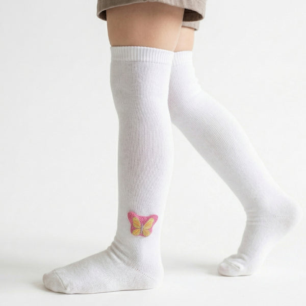 Unisex Cotton White Calf Length Kids Long Butterfly Face Socks-SK1486andF10