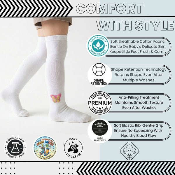 Unisex Cotton White Calf Length Kids Long Butterfly Face Socks-SK1487andF10