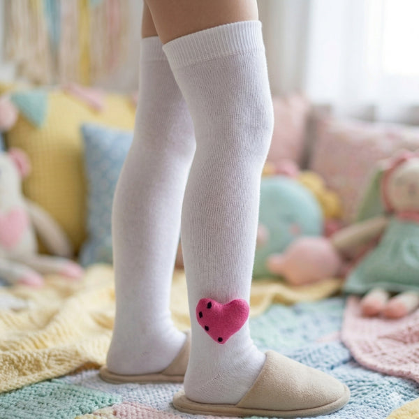 Unisex Cotton White Calf Length Kids Long Heart Face Socks-SK1488andF12