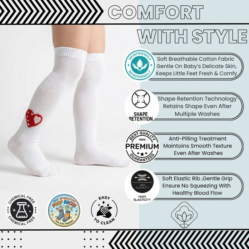 Unisex Cotton White Calf Length Kids Long Heart Face Socks-SK1486andF17