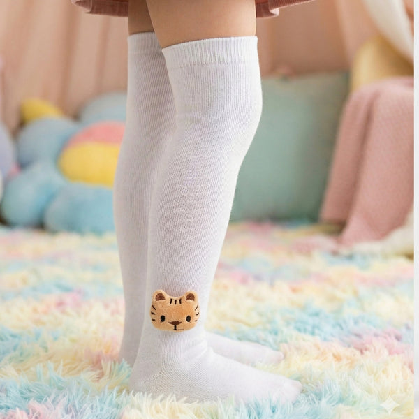 Unisex Cotton White Calf Length Kids Long Tiger Face Socks-SK1488andF19