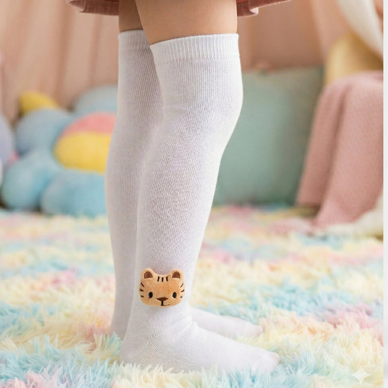 Unisex Cotton White Calf Length Kids Long Tiger Face Socks-SK1487andF19