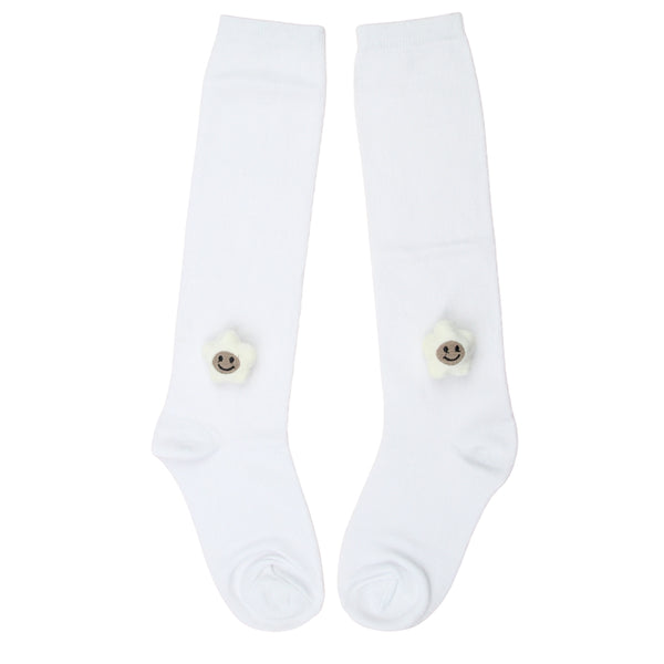 Unisex Cotton White Calf Length Kids Long Smiley Star Face Socks-SK1486andF27