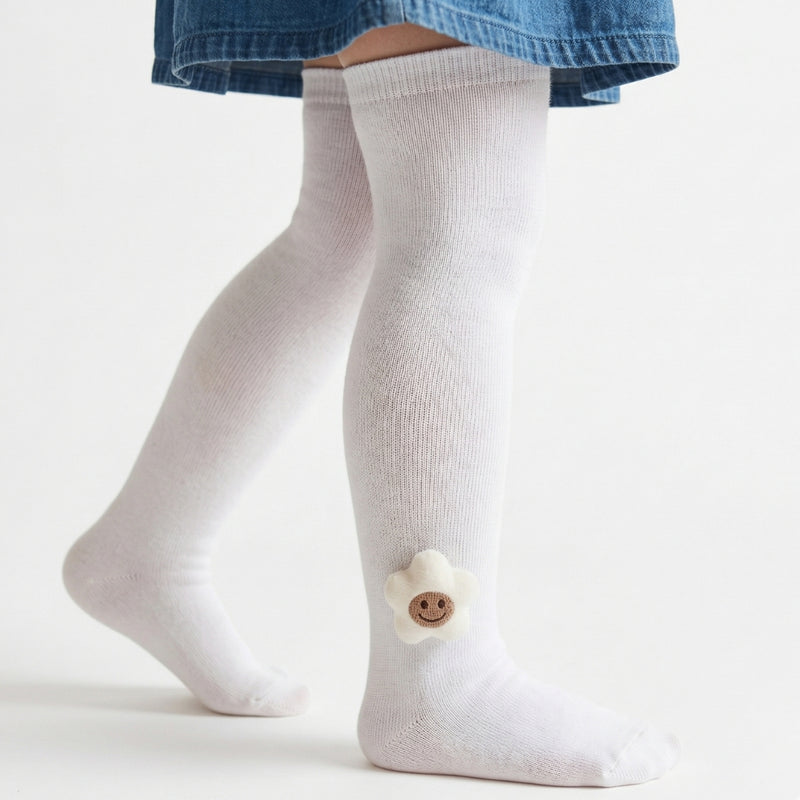 Unisex Cotton White Calf Length Kids Long Smiley Star Face Socks-SK1488andF27