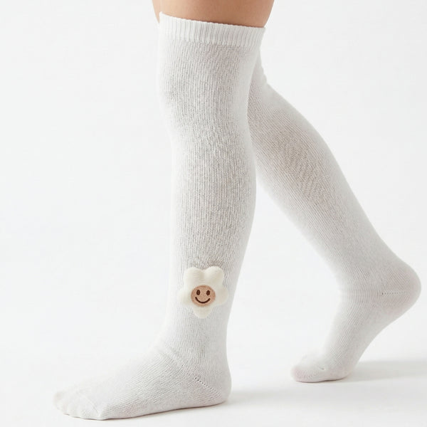 Unisex Cotton White Calf Length Kids Long Smiley Star Face Socks-SK1486andF29