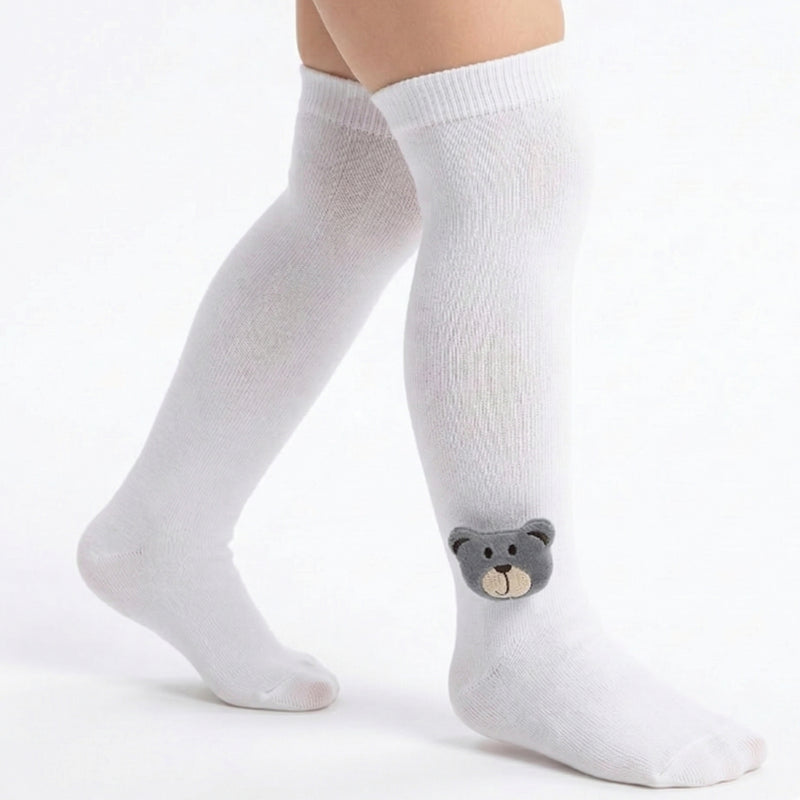 Unisex Cotton White Calf Length Kids Long Bear Face Socks-SK1488andF32