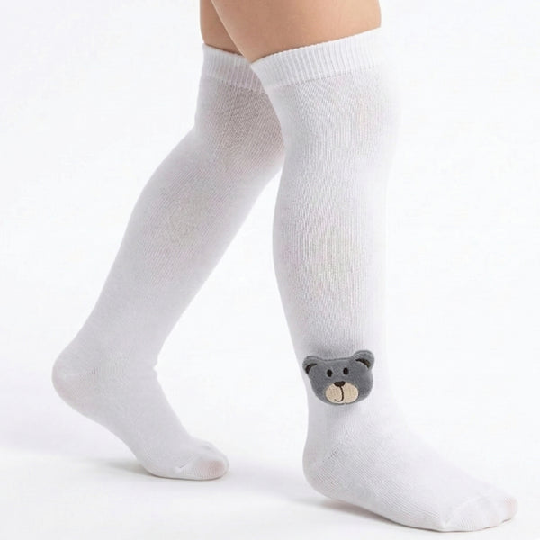 Unisex Cotton White Calf Length Kids Long Bear Face Socks-SK1486andF32