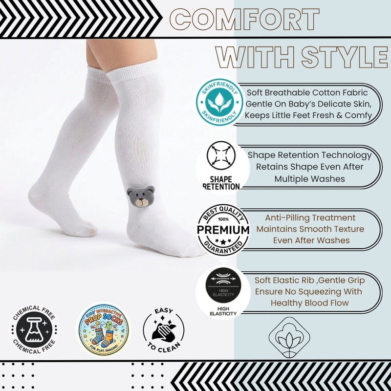 Unisex Cotton White Calf Length Kids Long Bear Face Socks-SK1487andF32