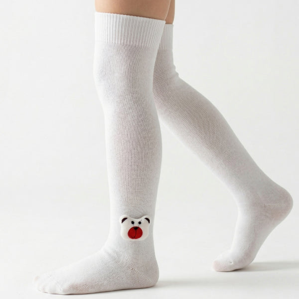 Unisex Cotton White Calf Length Kids Long Bear Face Socks-SK1488andF33