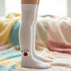 Unisex Cotton White Calf Length Kids Long Bear Face Socks-SK1488andF33