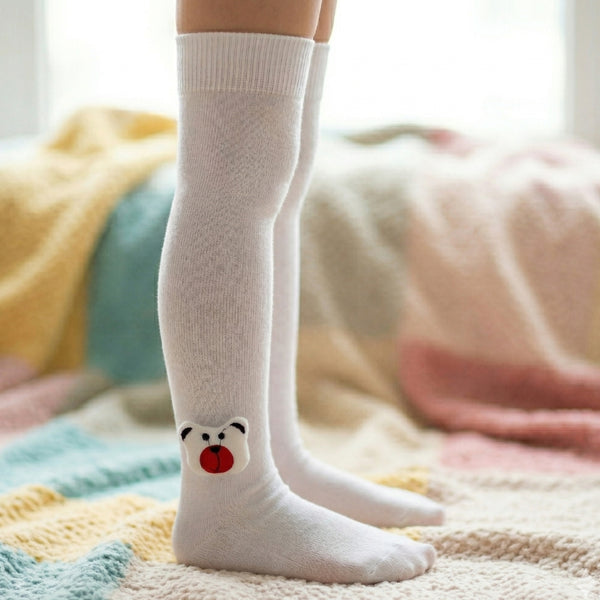 Unisex Cotton White Calf Length Kids Long Bear Face Socks-SK1488andF33