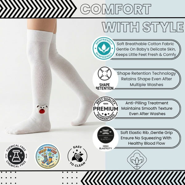 Unisex Cotton White Calf Length Kids Long Bear Face Socks-SK1488andF33
