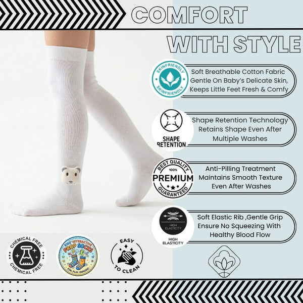 Unisex Cotton White Calf Length Kids Long Bear Face Socks-SK1486andF35
