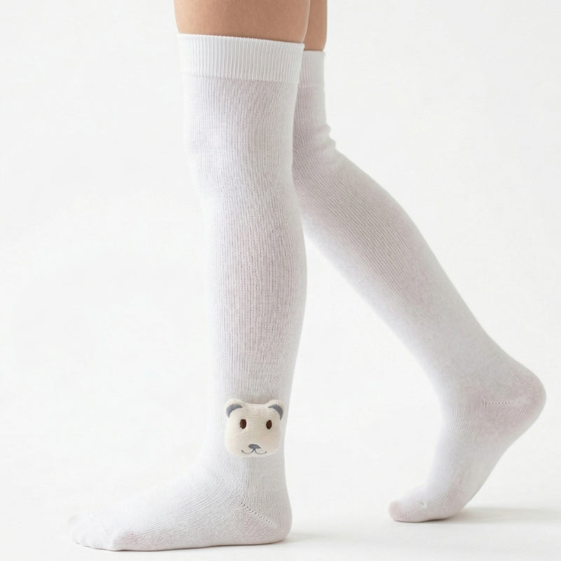 Unisex Cotton White Calf Length Kids Long Bear Face Socks-SK1487andF35