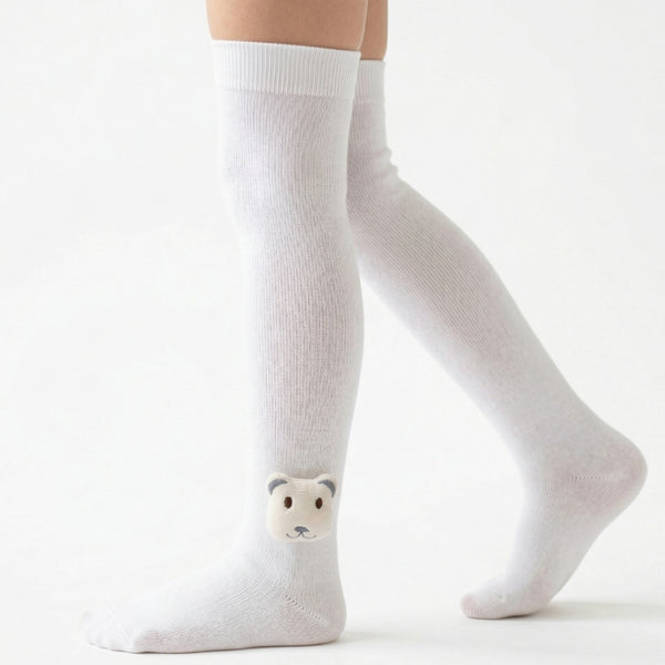 Unisex Cotton White Calf Length Kids Long Bear Face Socks-SK1486andF35