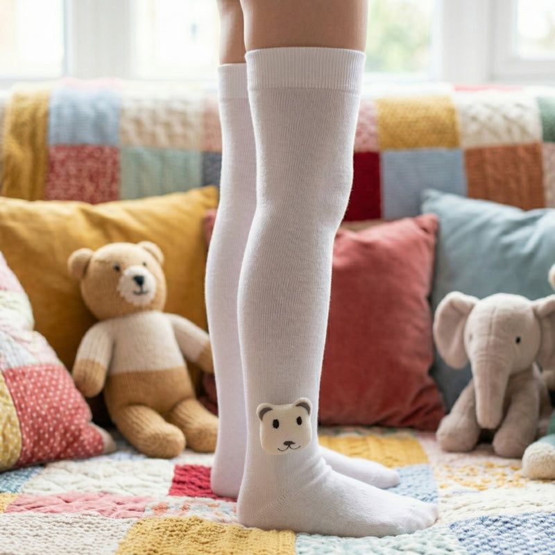 Unisex Cotton White Calf Length Kids Long Bear Face Socks-SK1486andF35