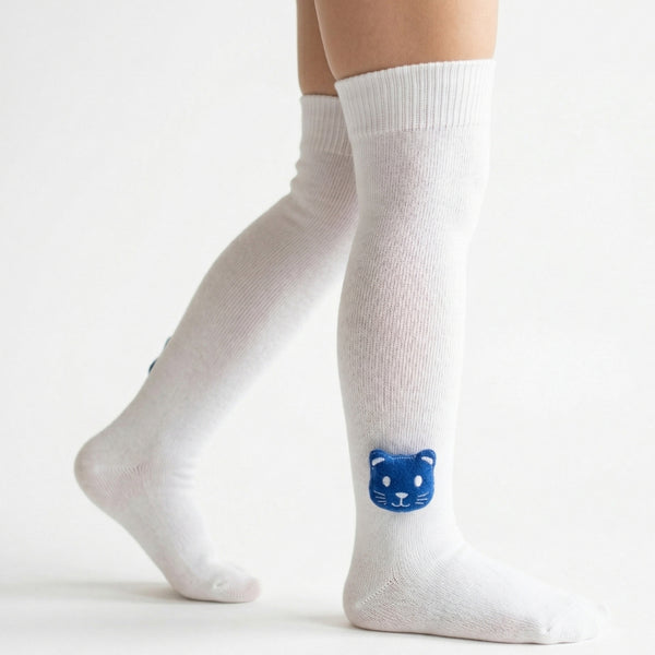 Unisex Cotton White Calf Length Kids Long Cat Face Socks-SK1488andF38