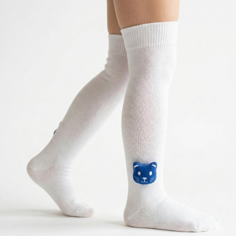 Unisex Cotton White Calf Length Kids Long Cat Face Socks-SK1487andF38