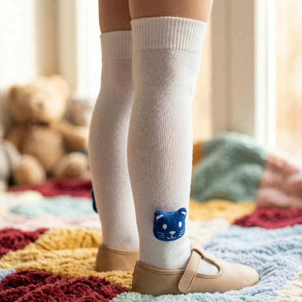 Unisex Cotton White Calf Length Kids Long Cat Face Socks-SK1486andF38