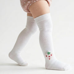 Unisex Cotton White Calf Length Kids Long Strawberry Face Socks-SK1487andF44