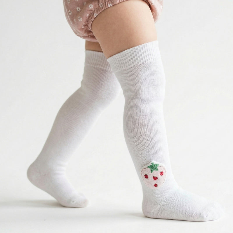 Unisex Cotton White Calf Length Kids Long Strawberry Face Socks-SK1487andF44